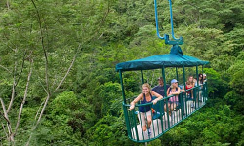 jaco-canopy-tours-zip-line- high in the costarican rainforrest looking down onto the lush vegitation of jaco