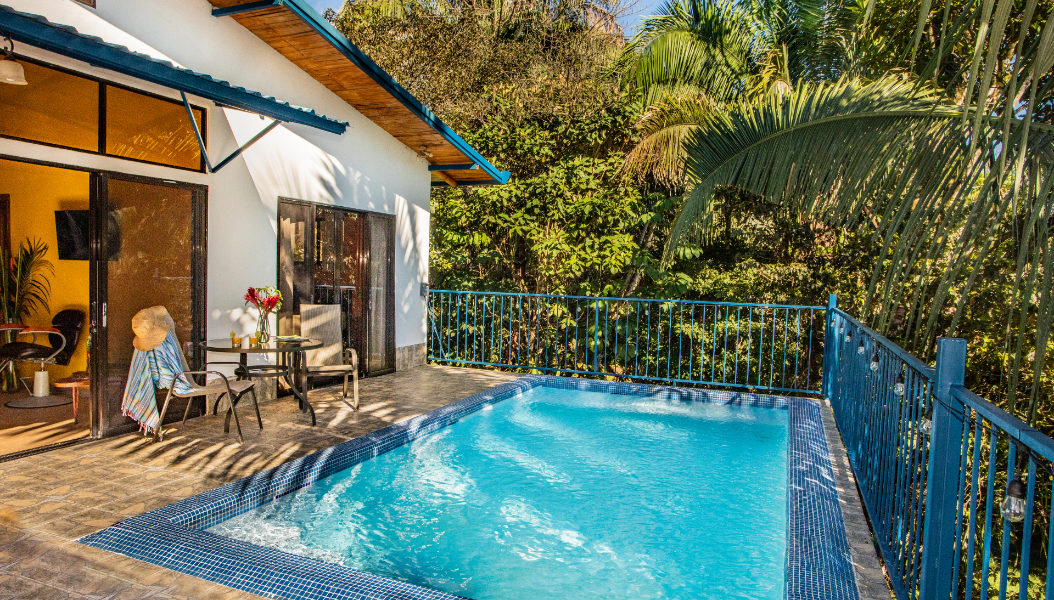 The full-size pool is steps from the living area and sits among large beautiful palms
